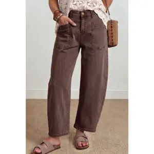 Brown mid rise barrel leg jeans for women