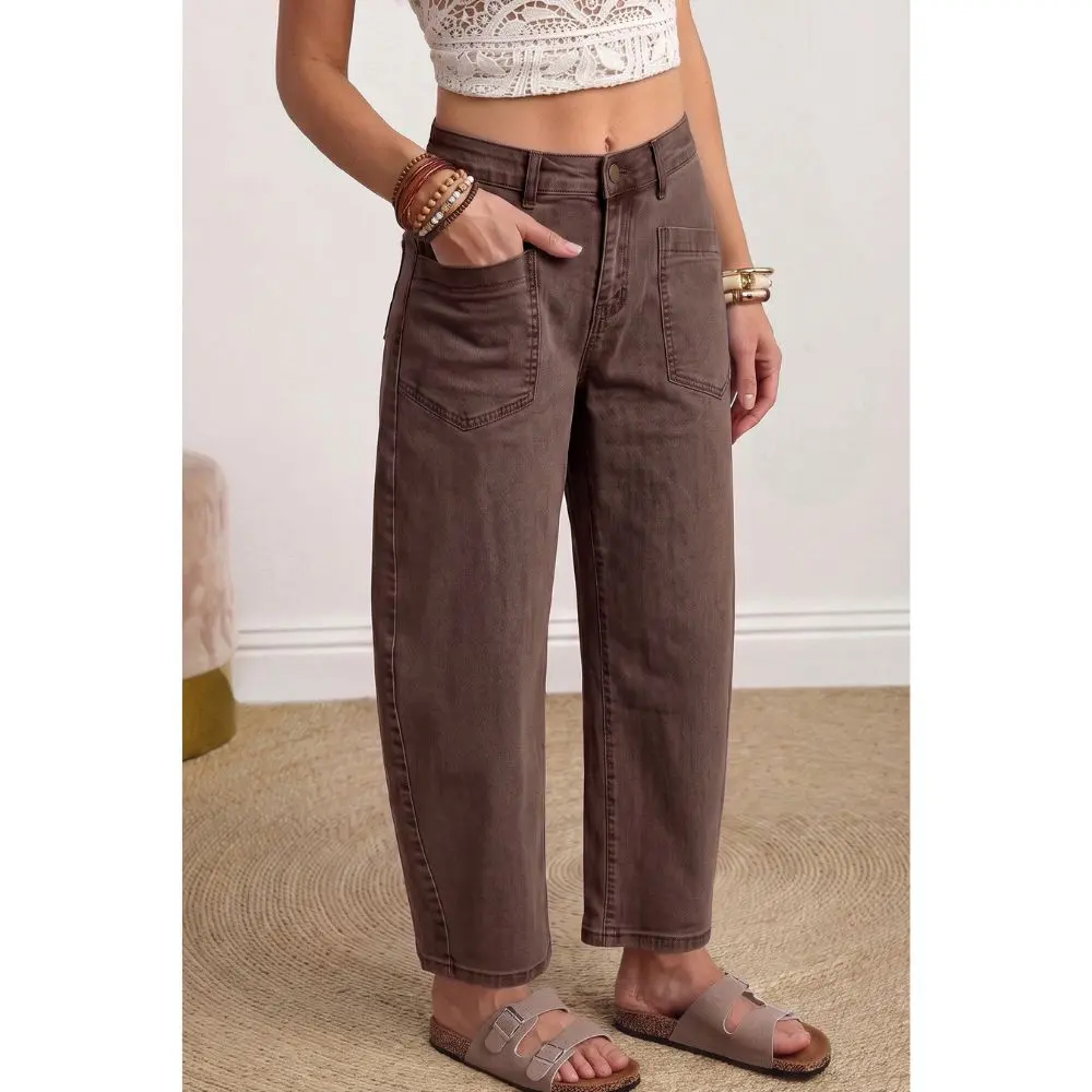 Women’s Brown Barrel Jeans with relaxed fit and patch pockets