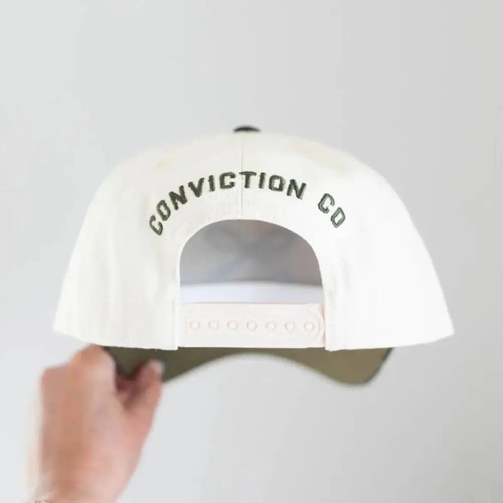 Back of Jesus Is King Bow Camo Hat with Conviction Co. embroidery