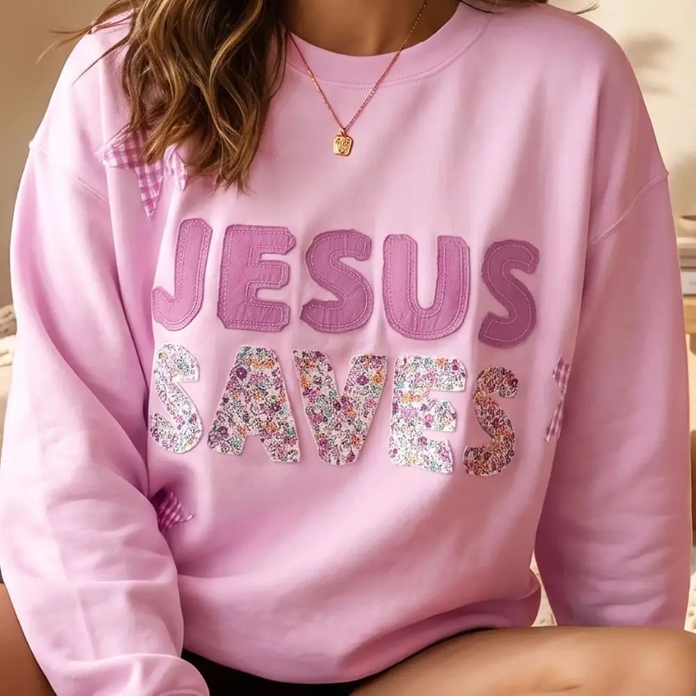 Patchwork Jesus Saves Baggy Sweatshirt floral lettering close up