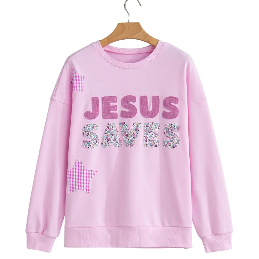 Pink Patchwork Jesus Saves Baggy Sweatshirt with gingham stars