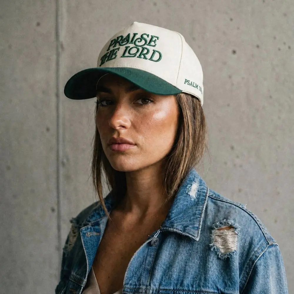 Dark green Praise The Lord Puff Embroidered Hat with natural crown