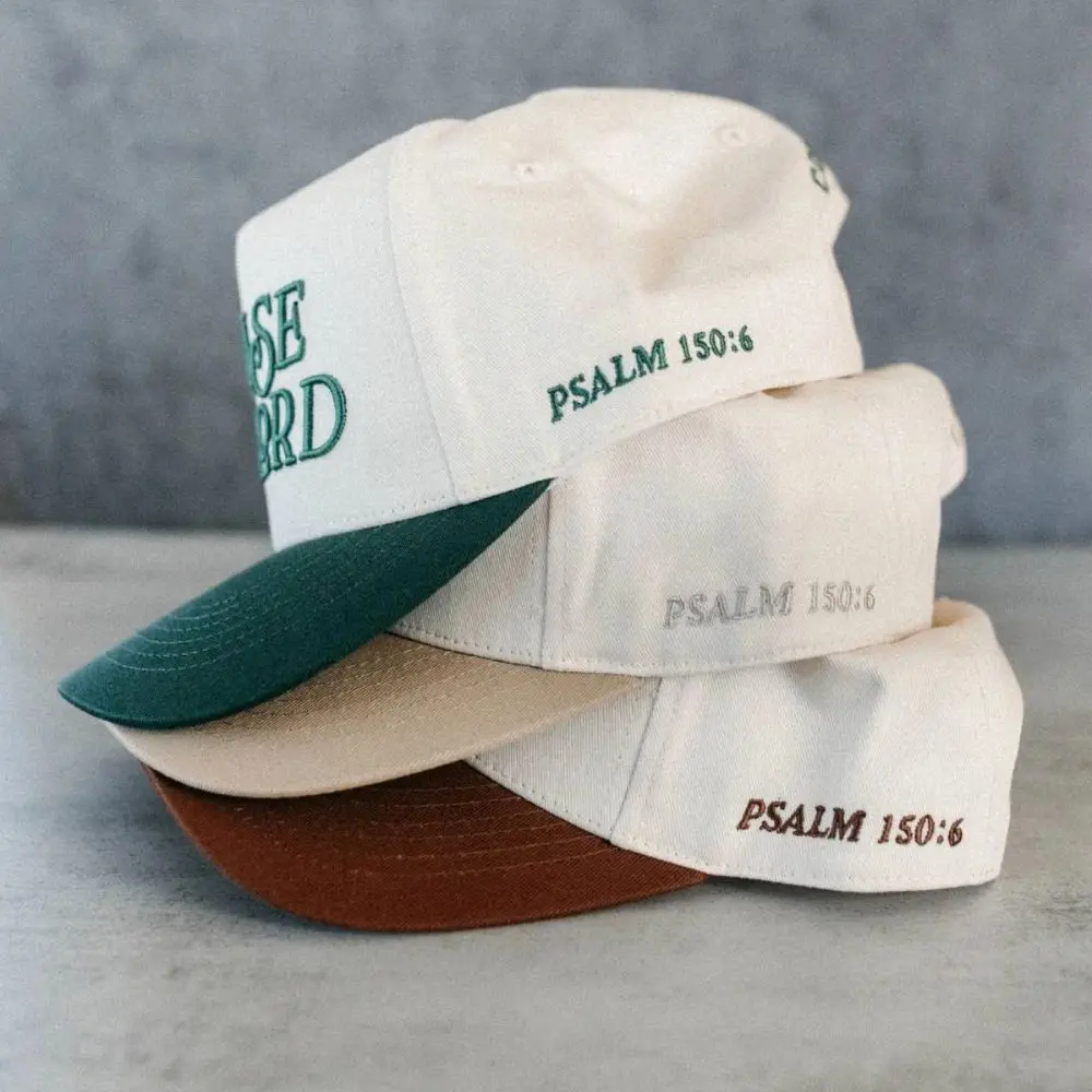 Praise The Lord embroidered hats by Conviction Co. showing Psalm 150:6 side embroidery