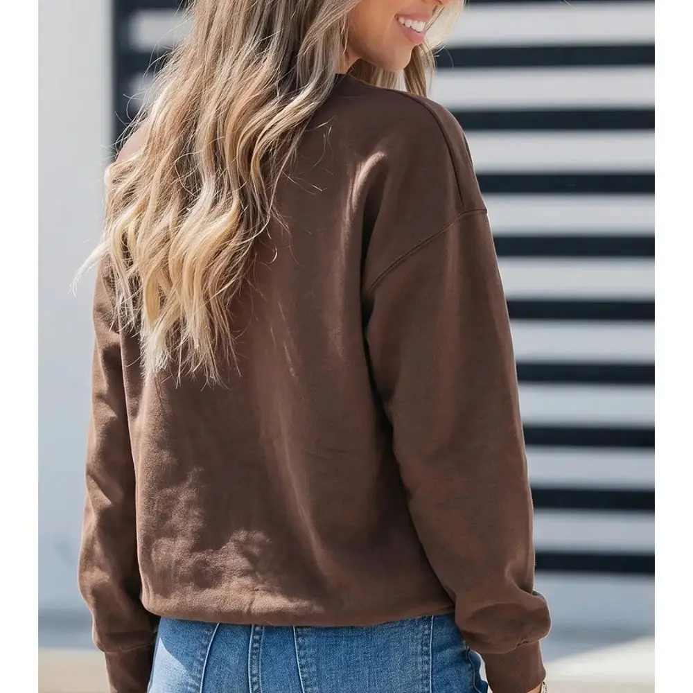 Back view of brown PRAY crewneck sweatshirt