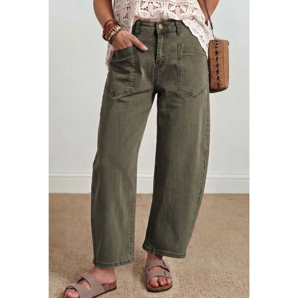 Women wearing Olive Barrel Jeans with relaxed barrel fit and front patch pockets