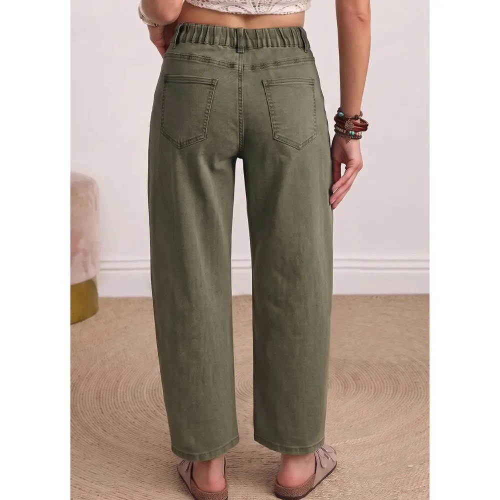 Back view of women’s Olive Barrel Jeans with elastic waist and back pockets