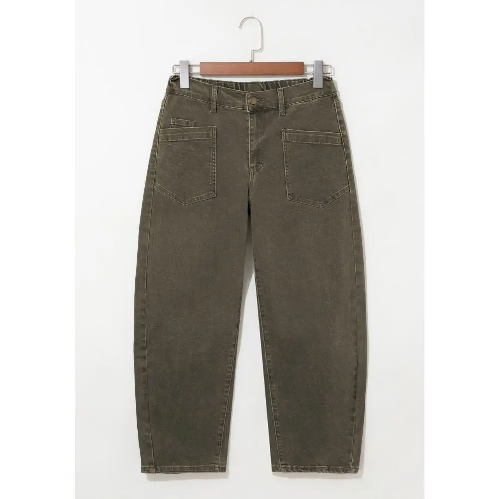 Olive green women’s barrel jeans with patch pockets and tapered leg
