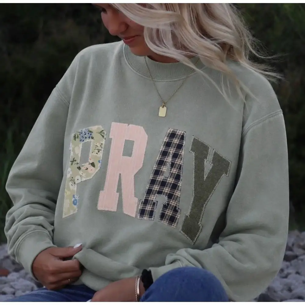Bay Green PRAY Sweatshirt Christian patchwork crewneck