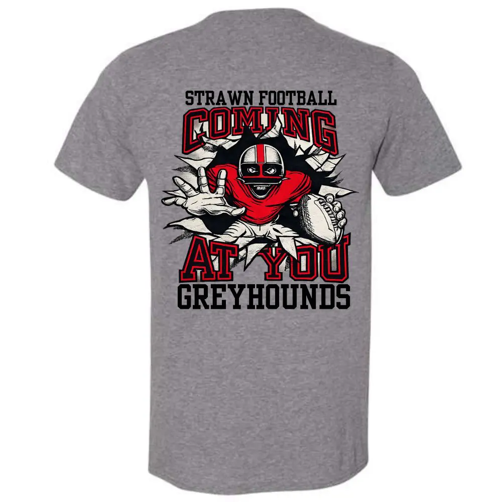Strawn Football Coming At You T-Shirt back with vintage Greyhounds football graphic