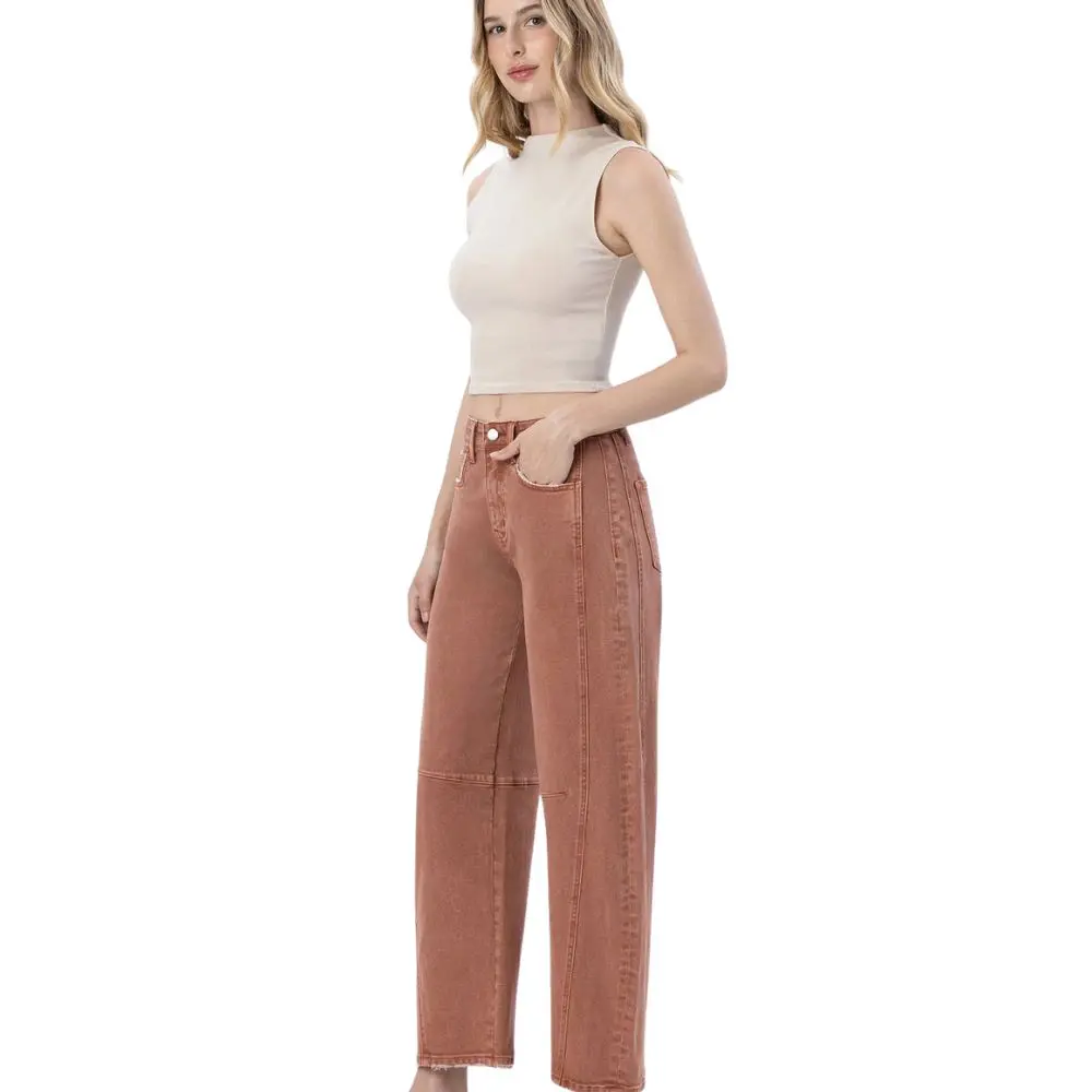 Copper Barrel Jeans by Flying Monkey side view showing high-rise barrel-leg fit