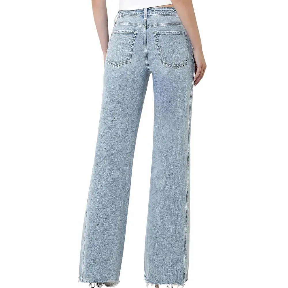 Vintage Flare Raw Hem Jeans by Flying Monkey back view in light wash denim
