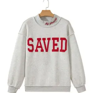Saved by Grace Mock Neck Sweatshirt with red SAVED lettering