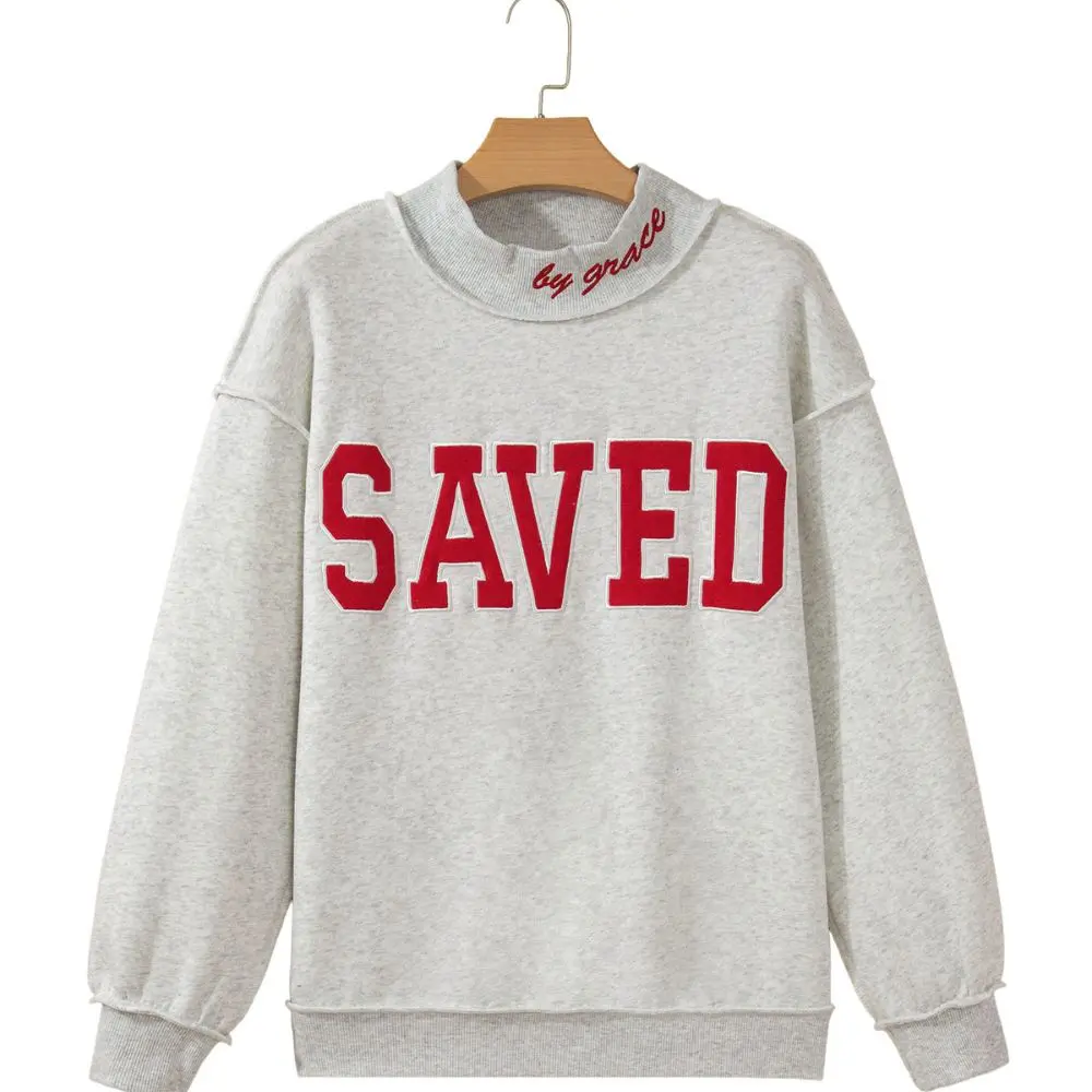 Saved by Grace Mock Neck Sweatshirt with red SAVED lettering