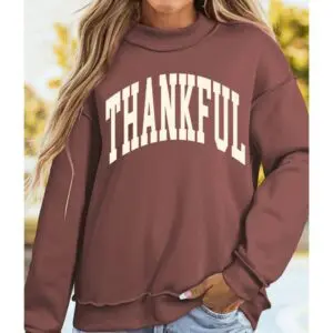 Brown Thankful Mock Neck Sweatshirt with cream lettering
