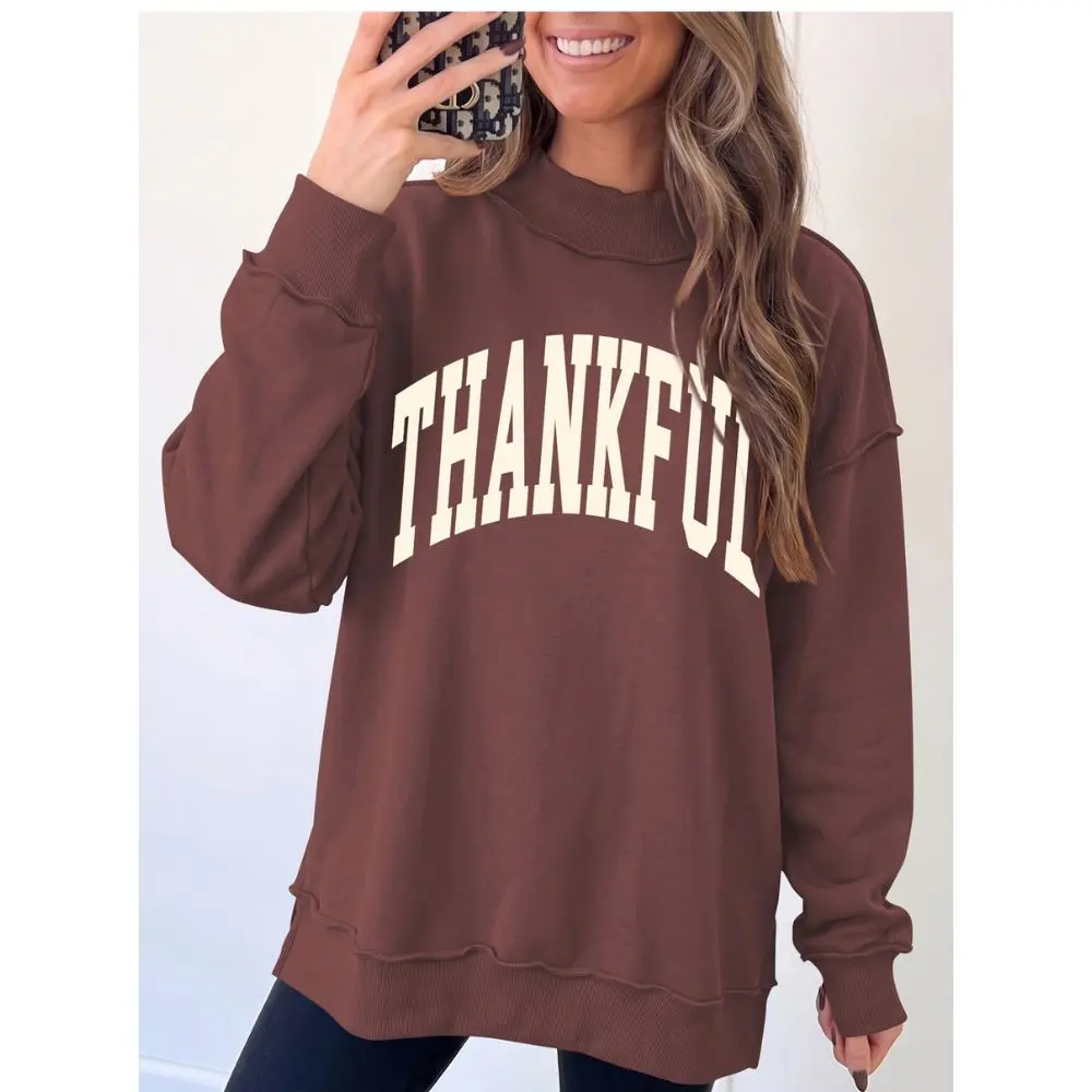 Woman wearing brown Thankful Mock Neck Sweatshirt