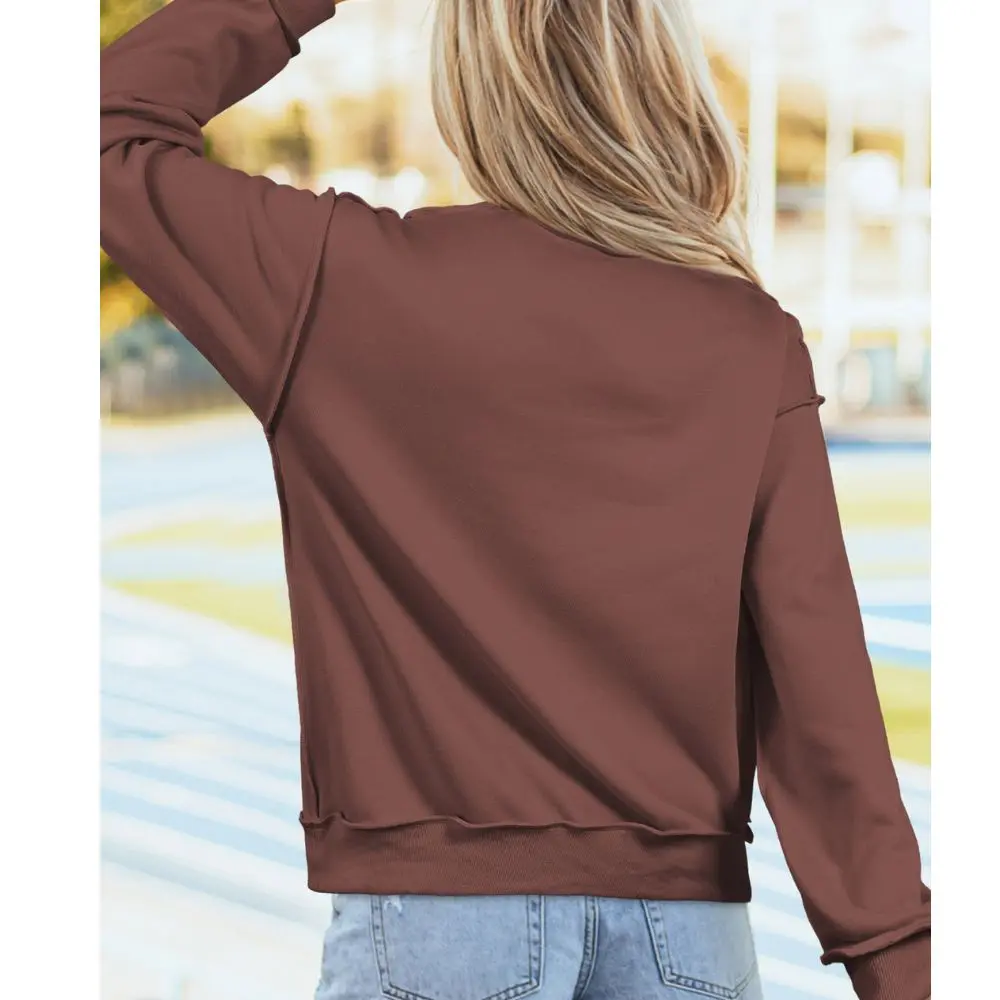Back view of brown Thankful Mock Neck Sweatshirt