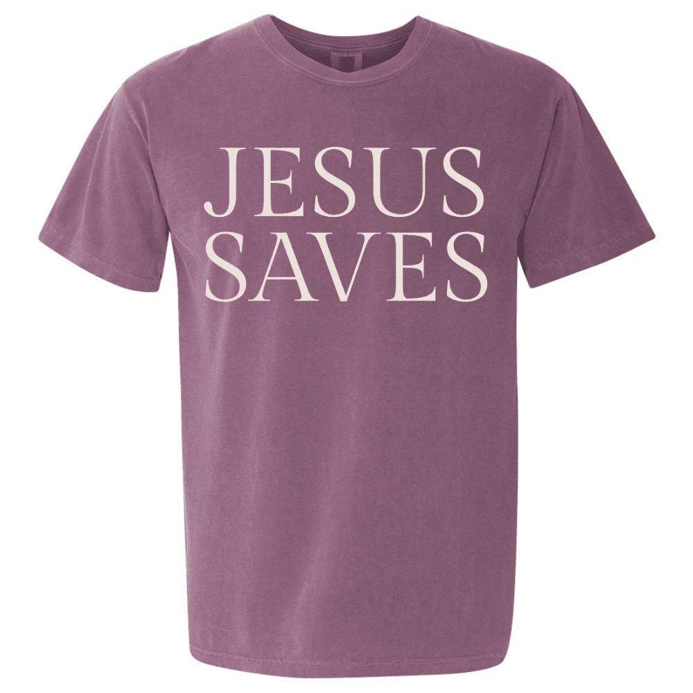 Jesus Saves T-shirt in washed plum color with bold cream text on front