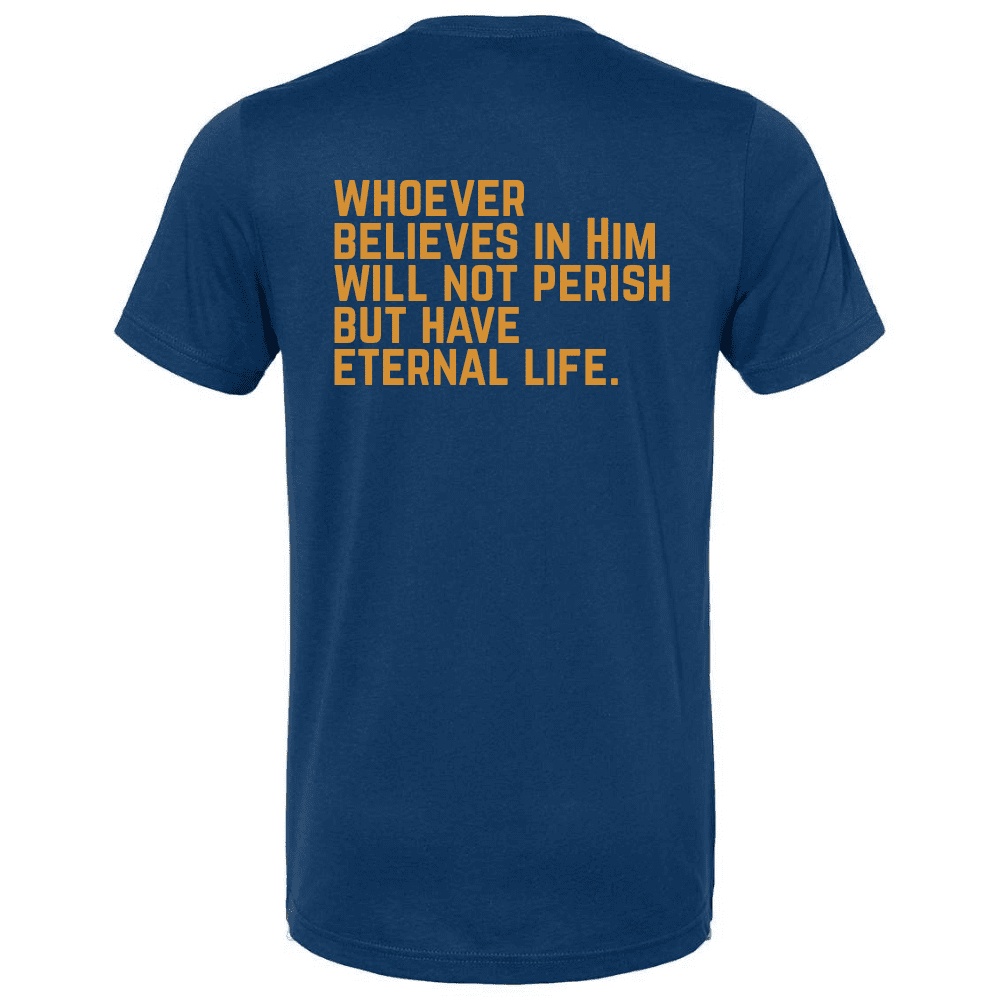 Back of blue Christian shirt with full John 3:16 verse printed in bold orange text.