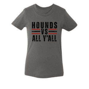 Youth charcoal grey t-shirt with “Hounds VS All Y’all” printed in bold black and red