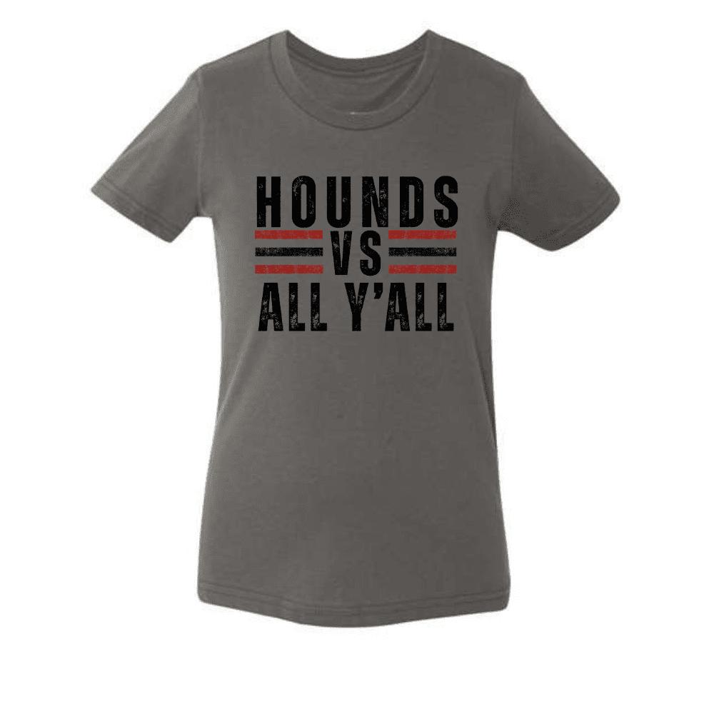 Youth charcoal grey t-shirt with “Hounds VS All Y’all” printed in bold black and red