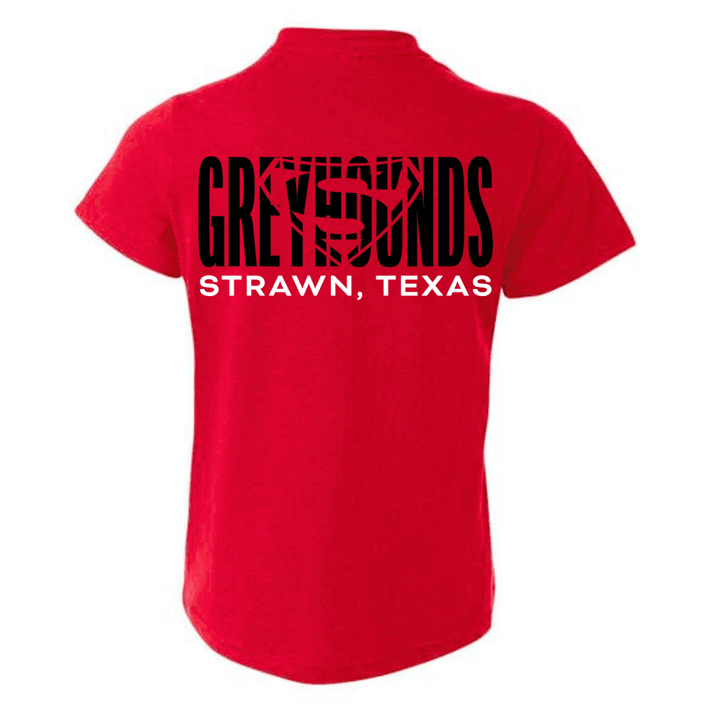 Youth red shirt with large GREYHOUNDS and Strawn, Texas design on the back