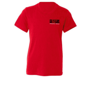 Youth red t-shirt with small chest graphic that says GREYHOUNDS and Strawn, Texas