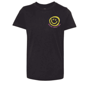 Black kids t-shirt with smiley face on front and colorful "Jesus Loves You" design on back