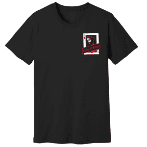 Black Christian T-shirt with red King of Kings playing card design on the front left chest