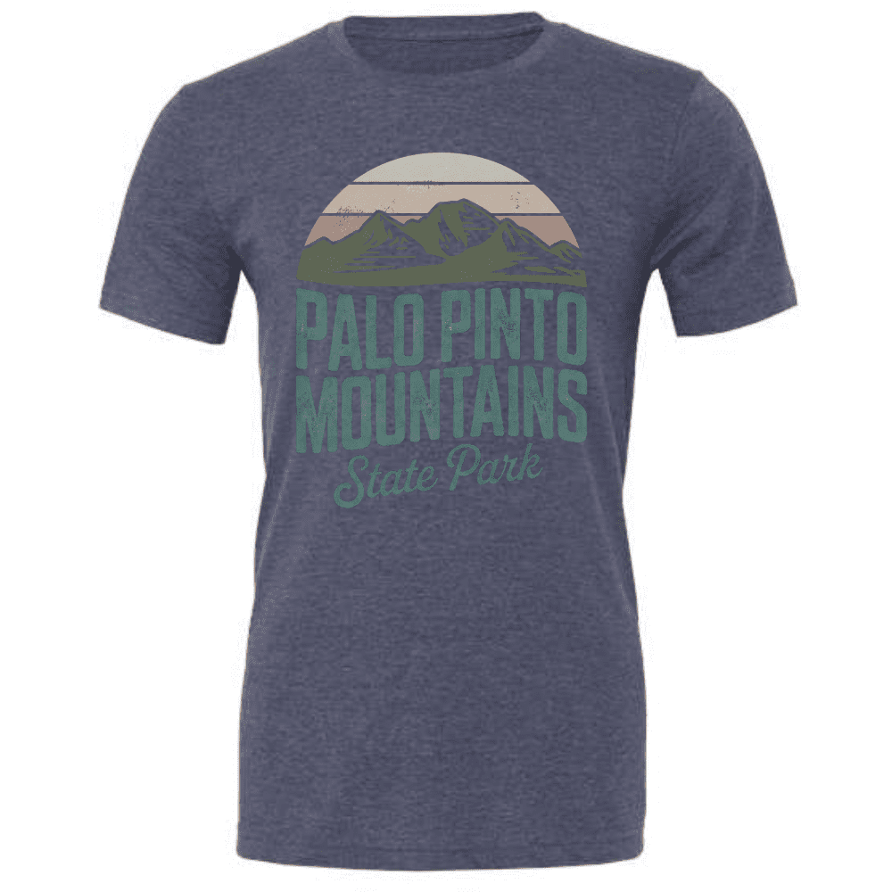 Heather‑navy blue t-shirt with Palo Pinto Mountains State Park mountain graphic on front
