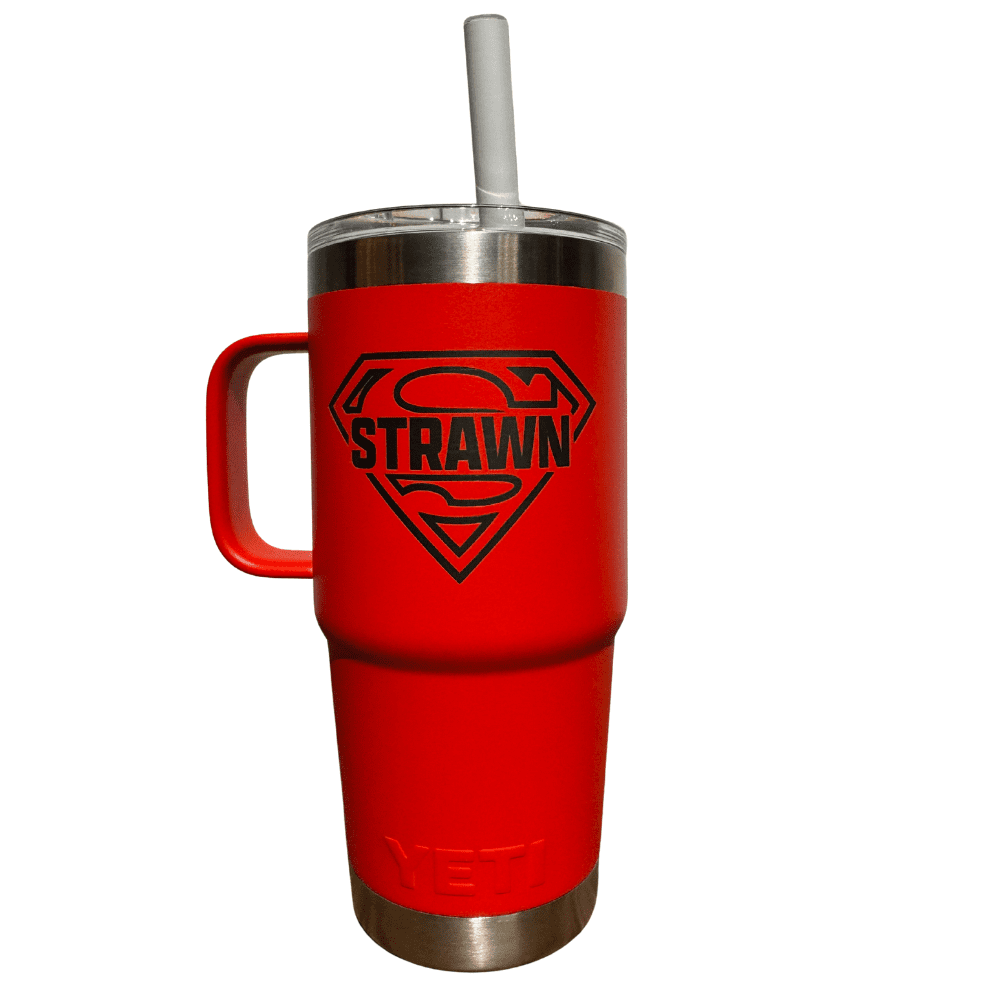 Red 25 oz YETI tumbler engraved with Strawn ISD logo