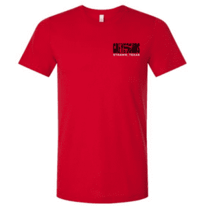 Front of red t-shirt with small GREYHOUNDS Strawn, Texas logo on chest