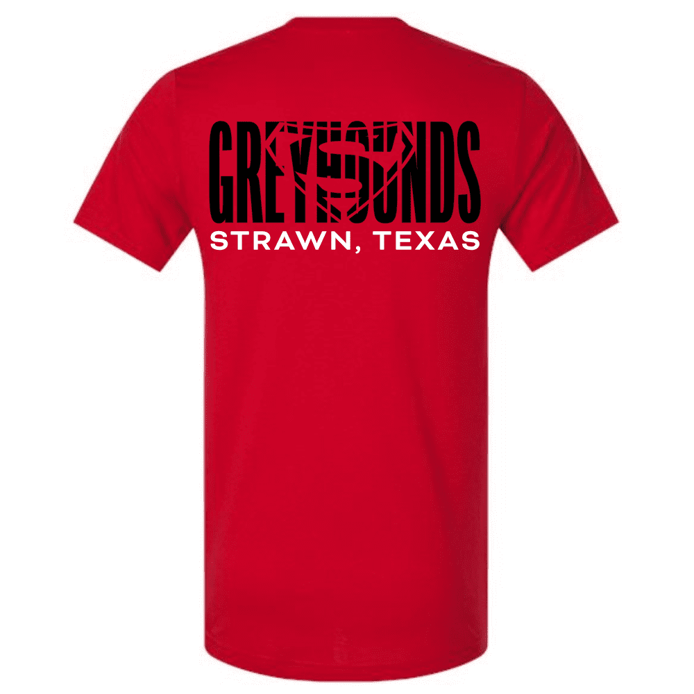 Back of red t-shirt with large GREYHOUNDS and Strawn, Texas graphic in black and white