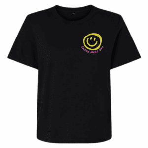 Cropped black t-shirt with yellow smiley face and “Jesus Loves You” in pink text on front.