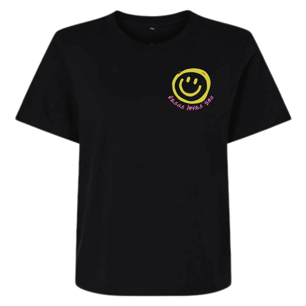 Cropped black t-shirt with yellow smiley face and “Jesus Loves You” in pink text on front.