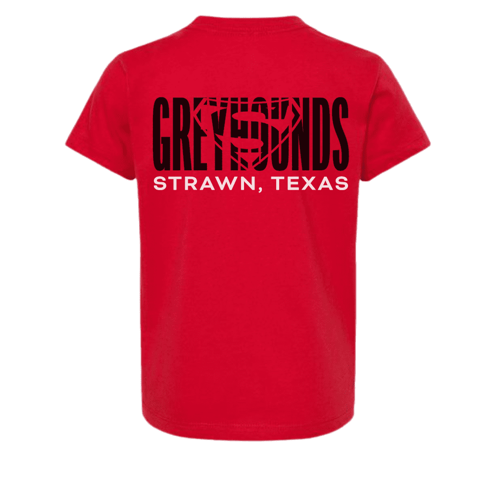 Toddler red t-shirt with “Greyhounds Strawn, Texas” design on front and back