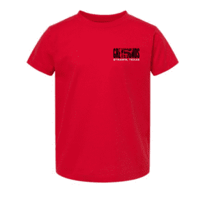 Toddler red t-shirt with “Greyhounds Strawn, Texas” design on front and back