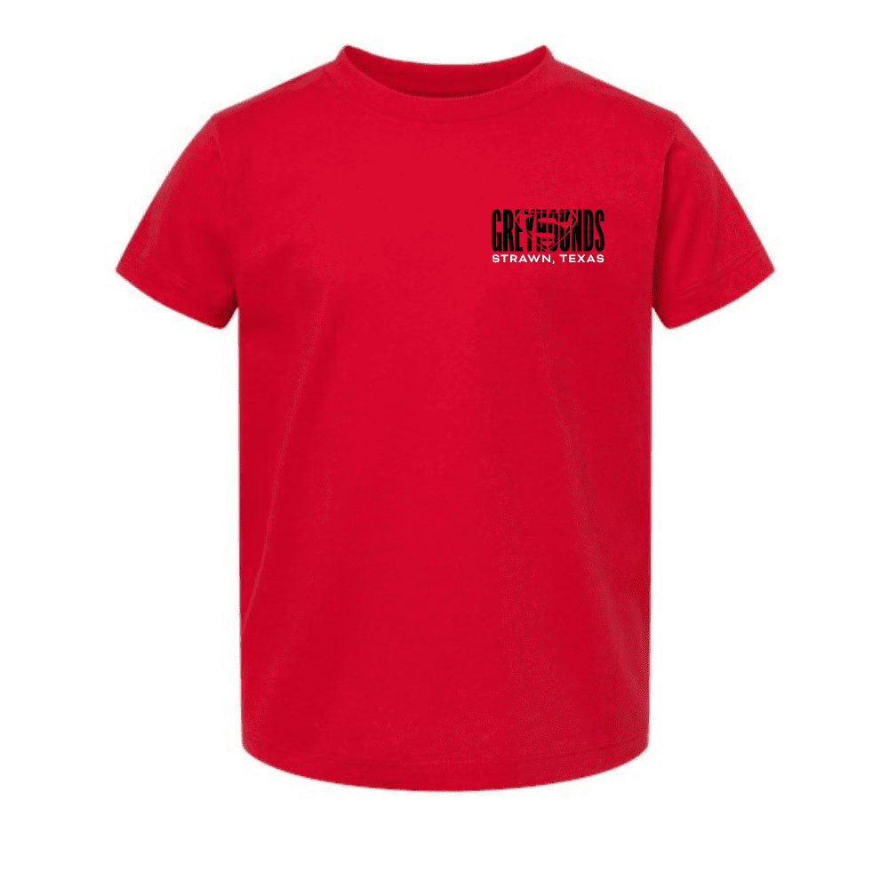 Toddler red t-shirt with “Greyhounds Strawn, Texas” design on front and back
