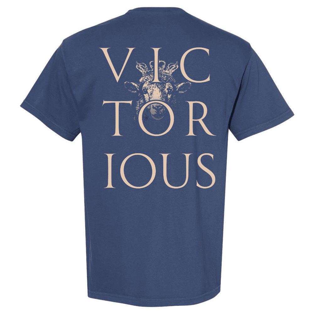 Back of shirt featuring crowned lamb and large “Victorious” text