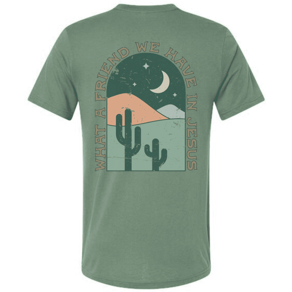 What A Friend We Have In Jesus Christian T-Shirt with cactus and desert moon design - back view