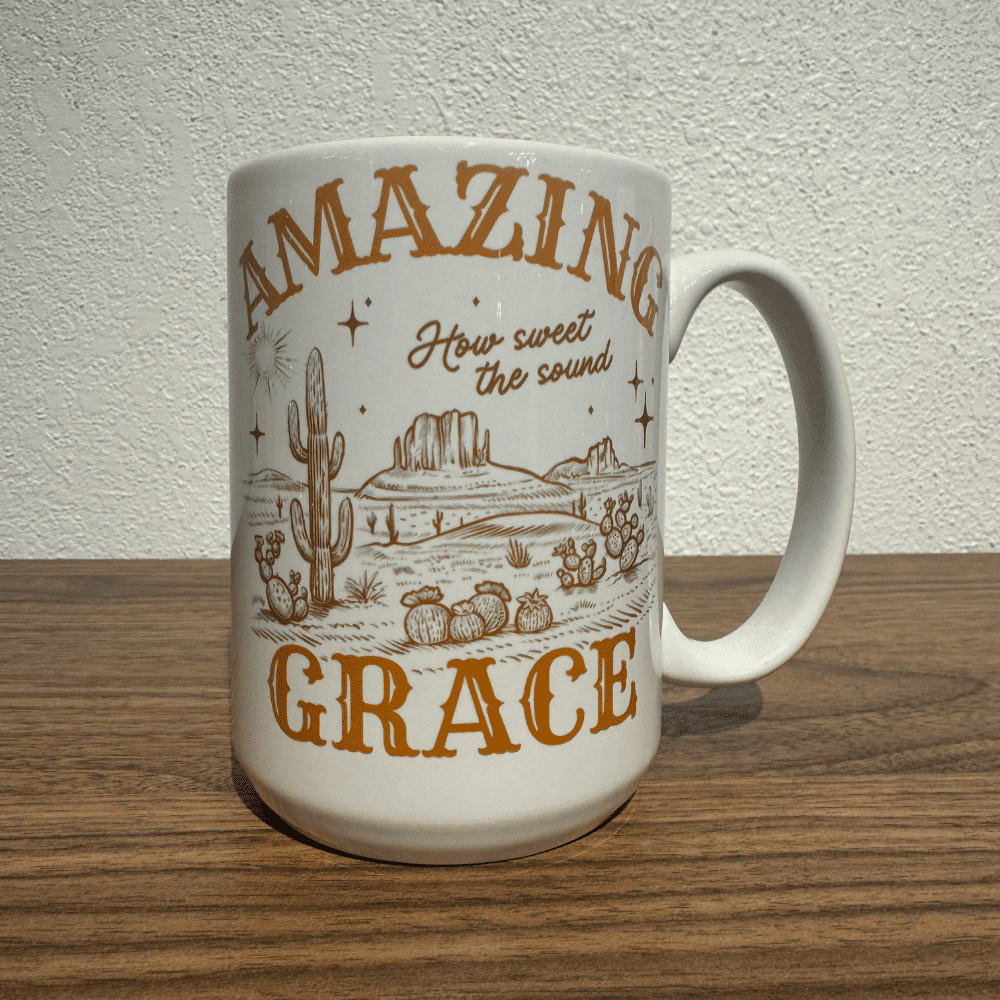 15oz Amazing Grace mug with desert illustration and gospel lyrics