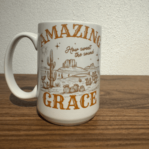15oz Amazing Grace mug with desert illustration and gospel hymn lyrics