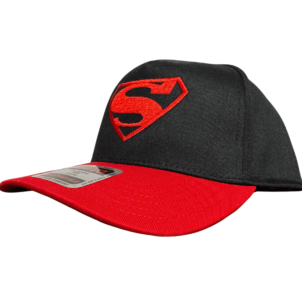 Side angle of Black Embroidered Strawn Logo Hat showing two-tone black and red design