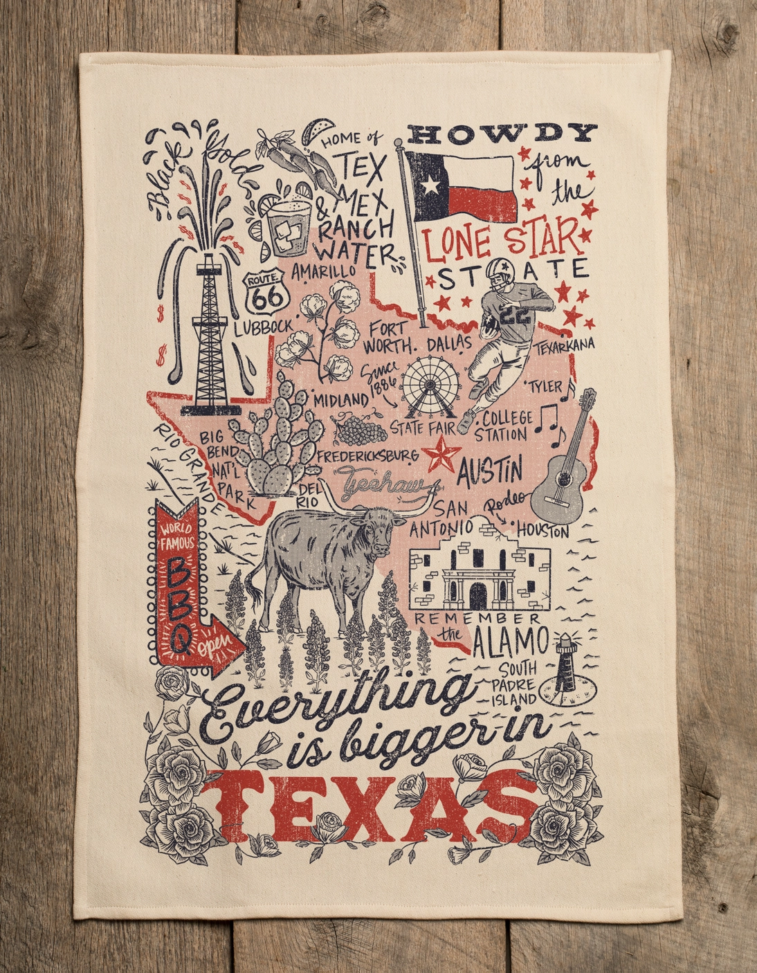 Full view of the Texas-themed hand-illustrated kitchen towel