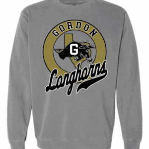 Gray sweatshirt featuring a vintage-style Gordon Longhorns logo with Texas outline and distressed print