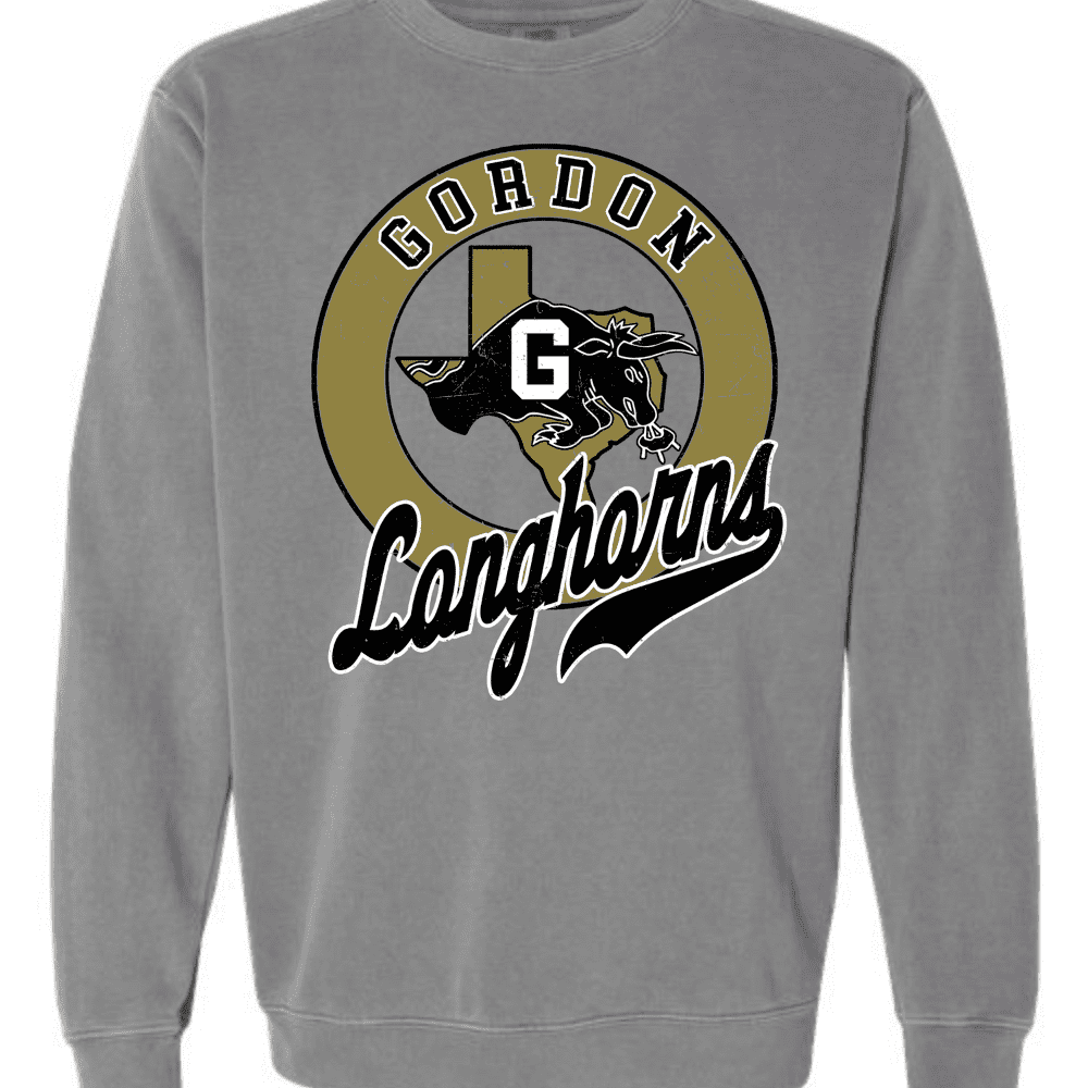 Gray sweatshirt featuring a vintage-style Gordon Longhorns logo with Texas outline and distressed print