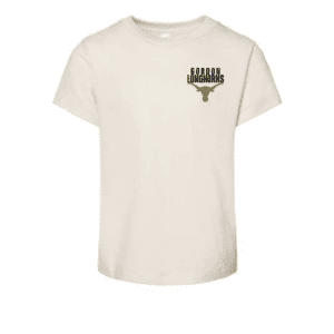 Front of toddler t-shirt with Gordon Longhorns logo on left chest in gold and black