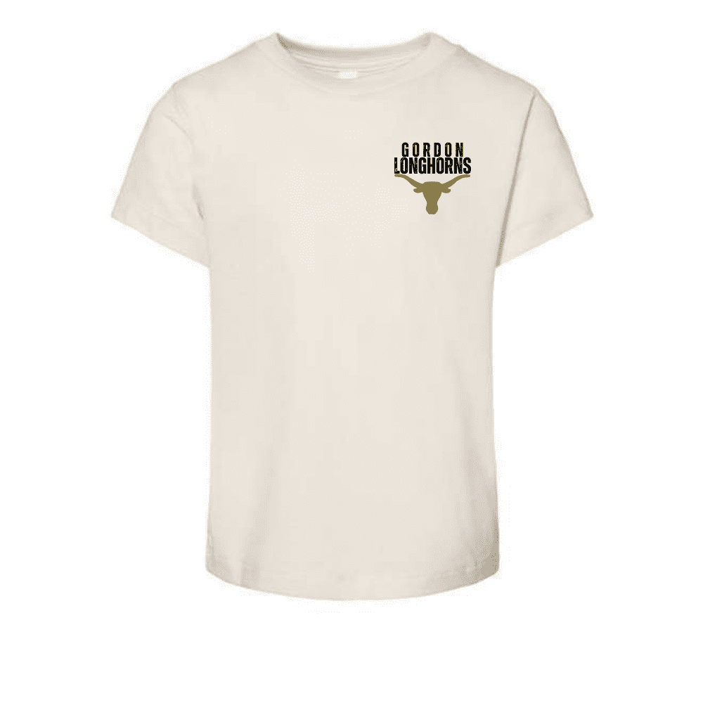 Front of toddler t-shirt with Gordon Longhorns logo on left chest in gold and black