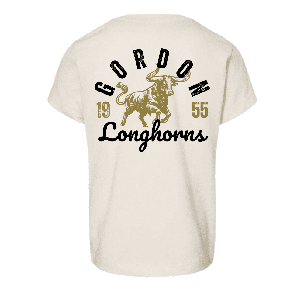 Back of toddler t-shirt with bold vintage Gordon Longhorns graphic and bull design