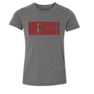 Kids grey t-shirt with distressed red GREYHOUNDS text across the chest