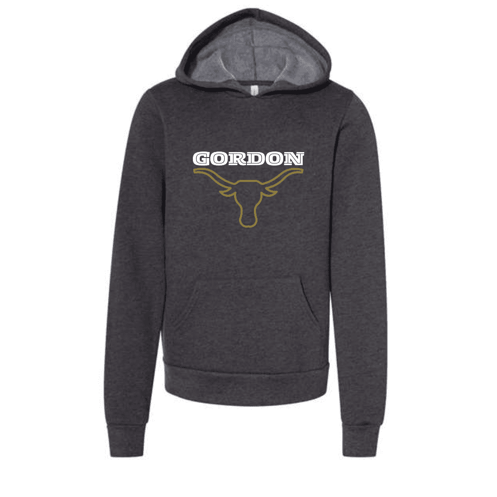 Kids-sized black hoodie featuring the word “GORDON” in bold white collegiate lettering above a gold Longhorn outline graphic.